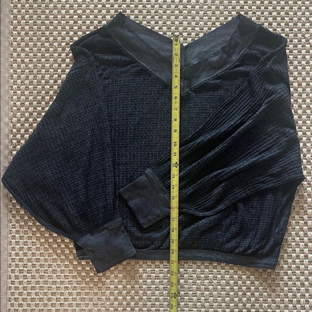 We The Free Black Waffle-Knit Slightly Sheer Bubble Sleeve V-Neck Sheer Sweater
